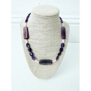 NWT Genuine Amethyst, Pearls & Purple Lace Agate Necklace Beaded Purple White